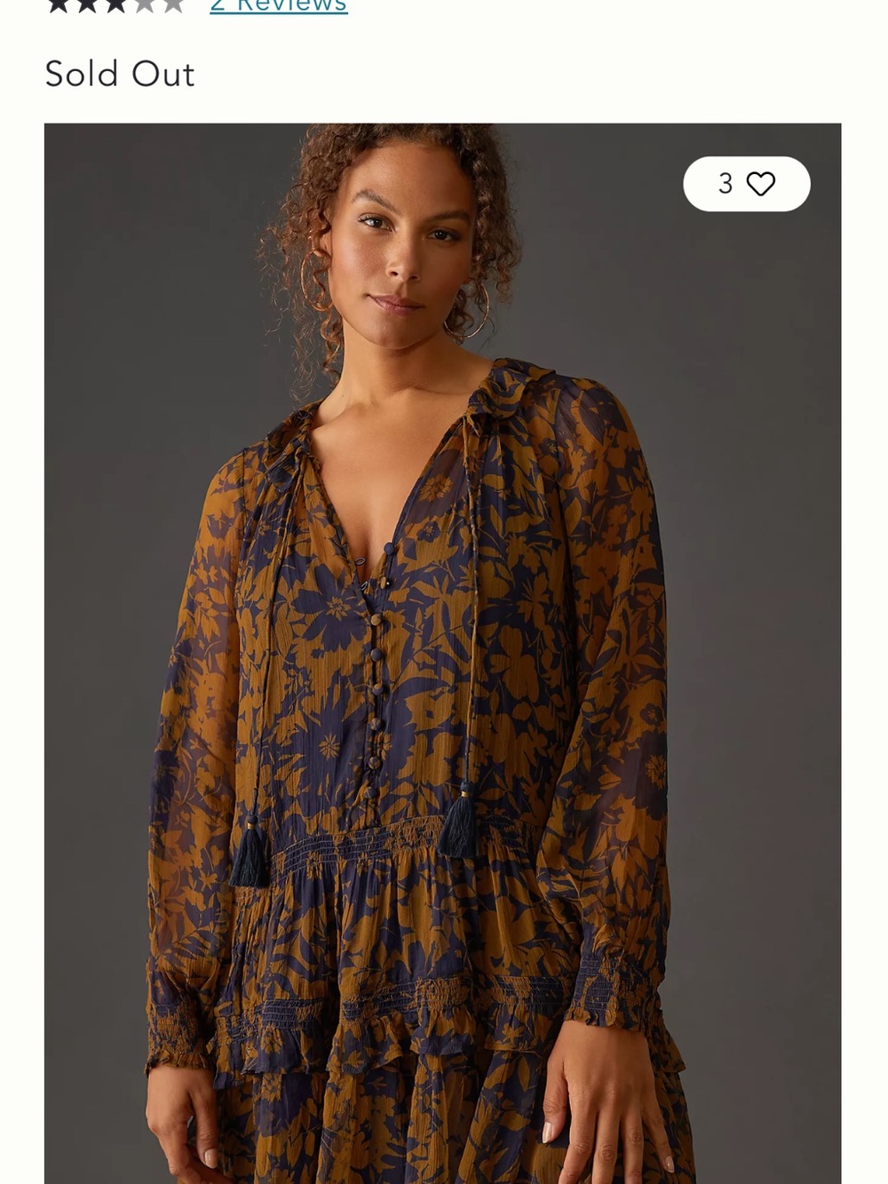 Anthropologie Mustard and Navy Floral Tassel V-Neck Tunic